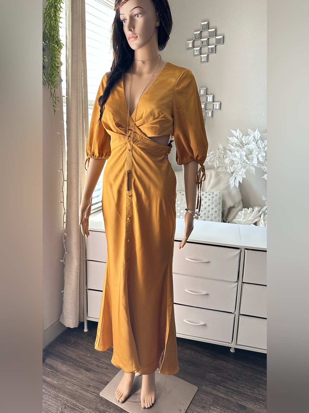 Asos Mustard Yellow Satin Cutout Button-Front Maxi Dress -new